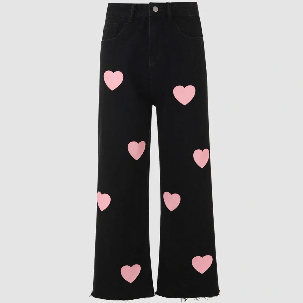 Cider Pink Heart Black Cropped Jeans - Picture 1 of 2